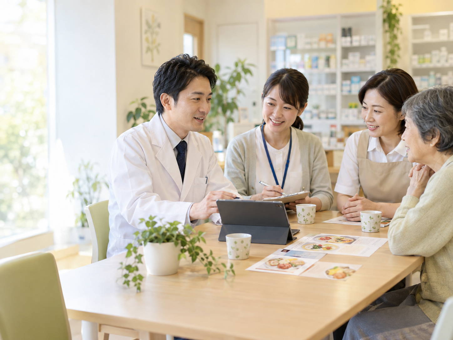 薬局と地域の関係者が高齢者の食事について相談する様子