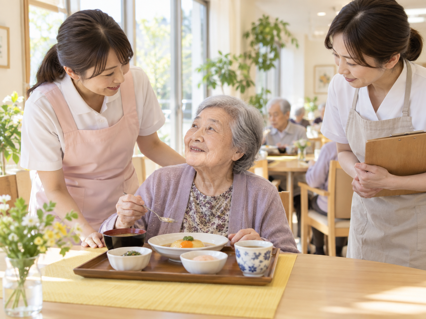 高齢者施設で食事を楽しむ高齢者とスタッフ