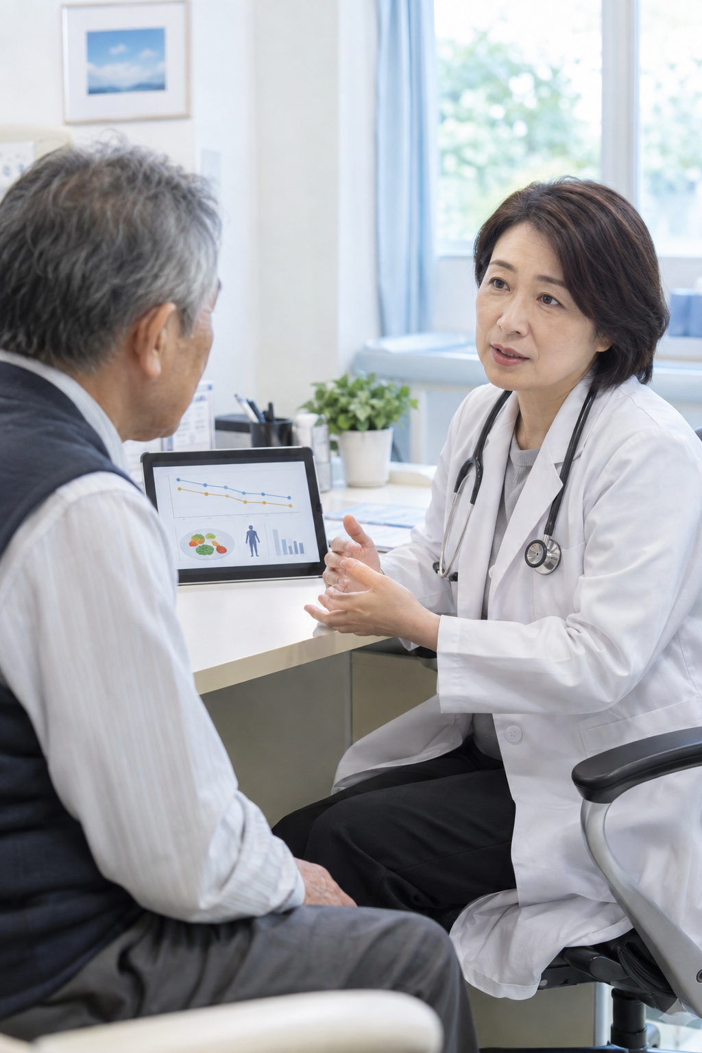 診療所で医師と患者が栄養状態を確認する様子